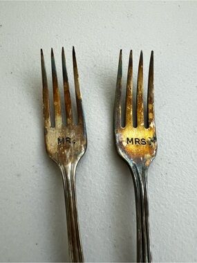 BHLDN Vintage Silver Plated Mr. & Mrs. Stamped Forks